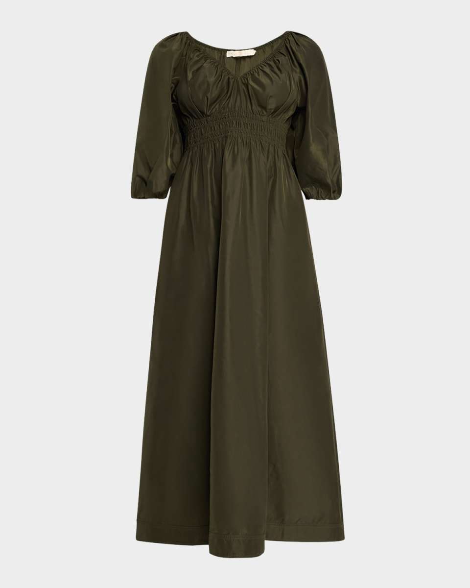 Ava Smocked Blouson-Sleeve Midi Dress